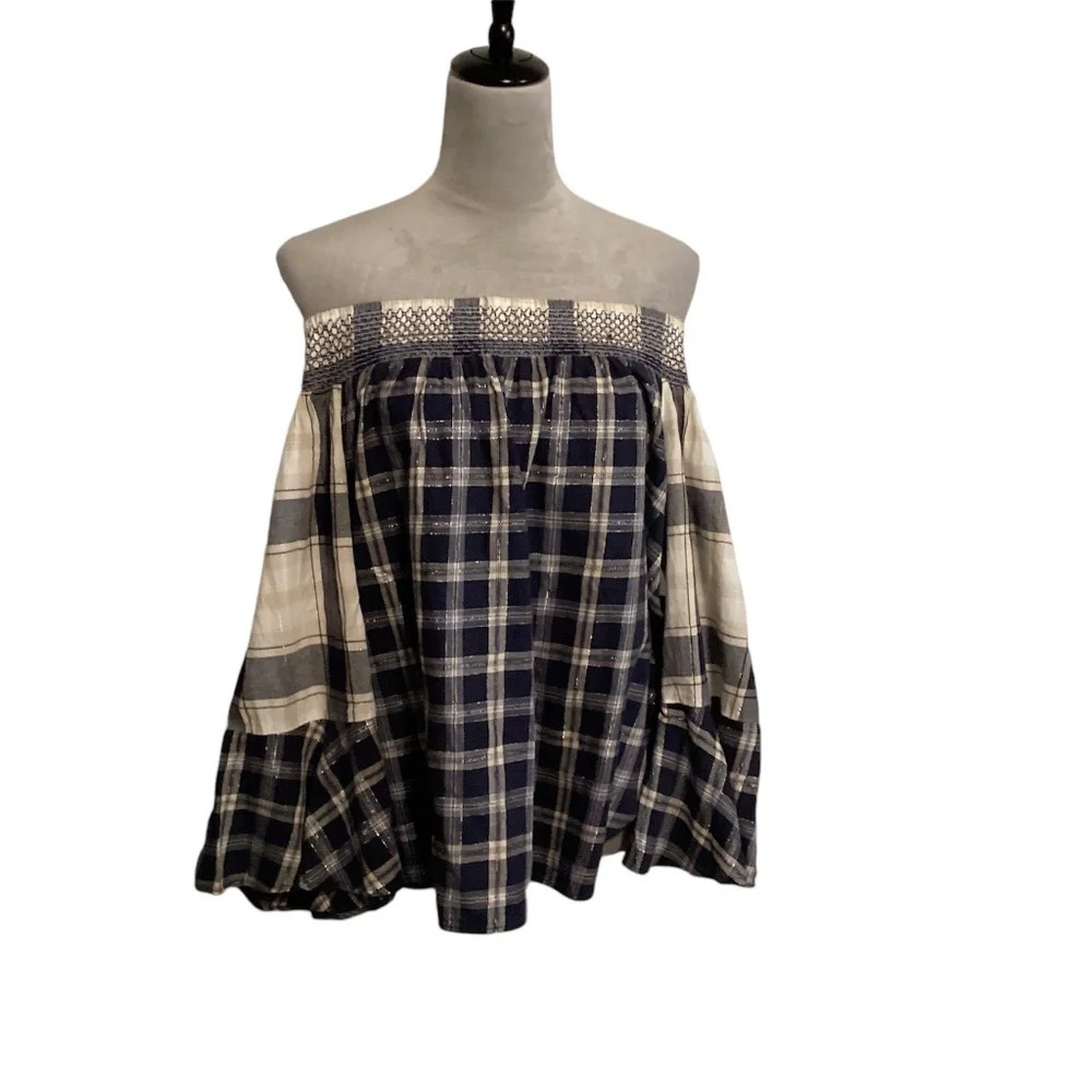 Loft Blouse Plaid Shimmer Off The Shoulder Bohemian Bell Sleeves Womens SZ M